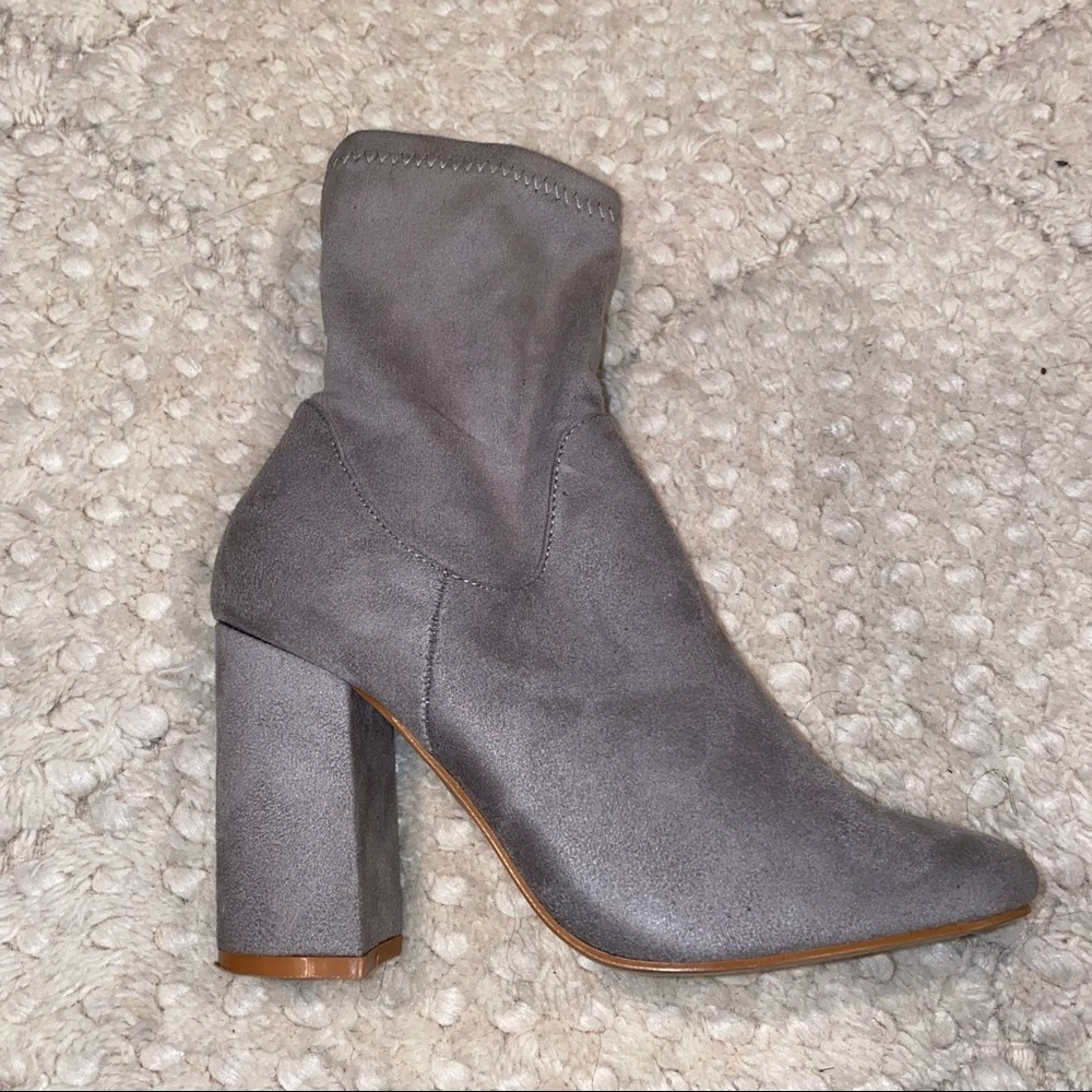Grey Suede Chunky Block Heel Sock Booties